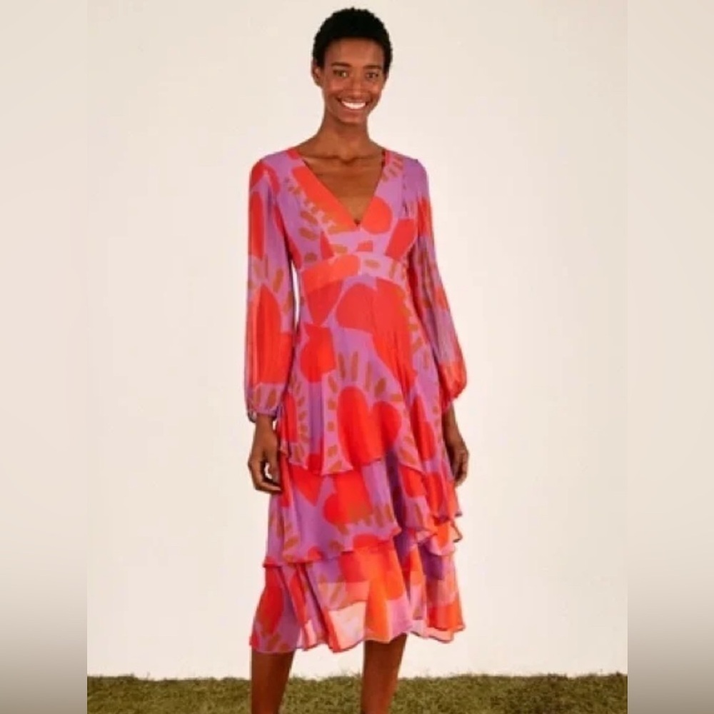 Farm Rio Wild Hearts Romantic Long Sleeve Chiffon Whimsical Tiered  Dress